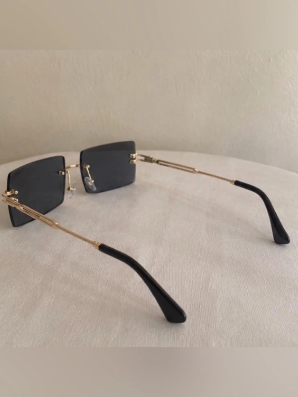 Rimless Rectangle Black Lens Gold Frame Unisex Sunglasses